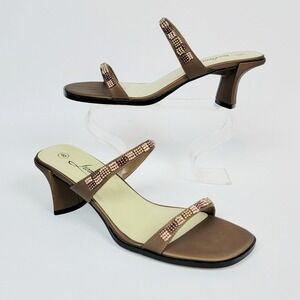 Fioni Womens Bronze Satin Beaded Square Toe Flared Block Heel Sandals - Size 8